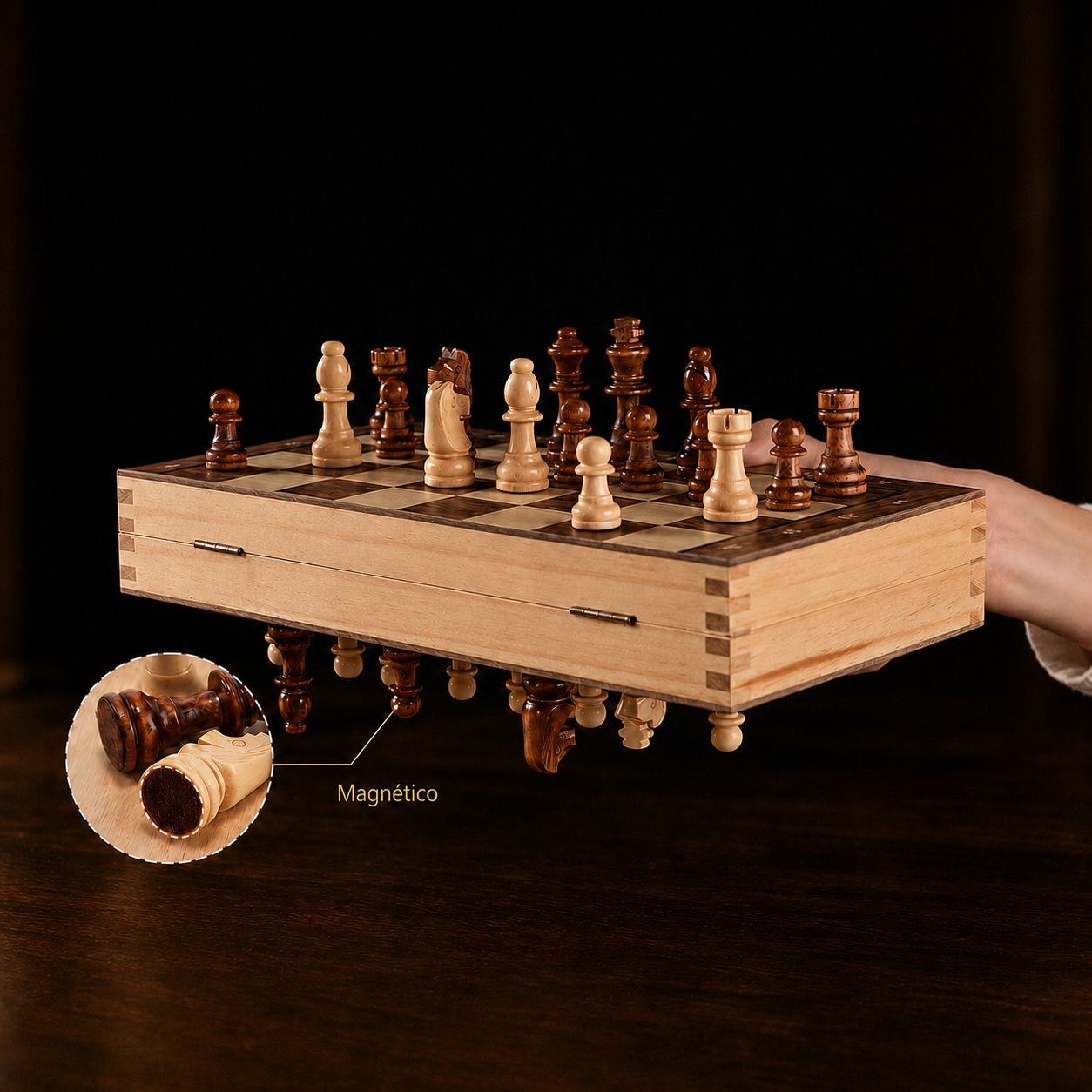 Jogo de Xadrez Dobrável Magnético Madeira