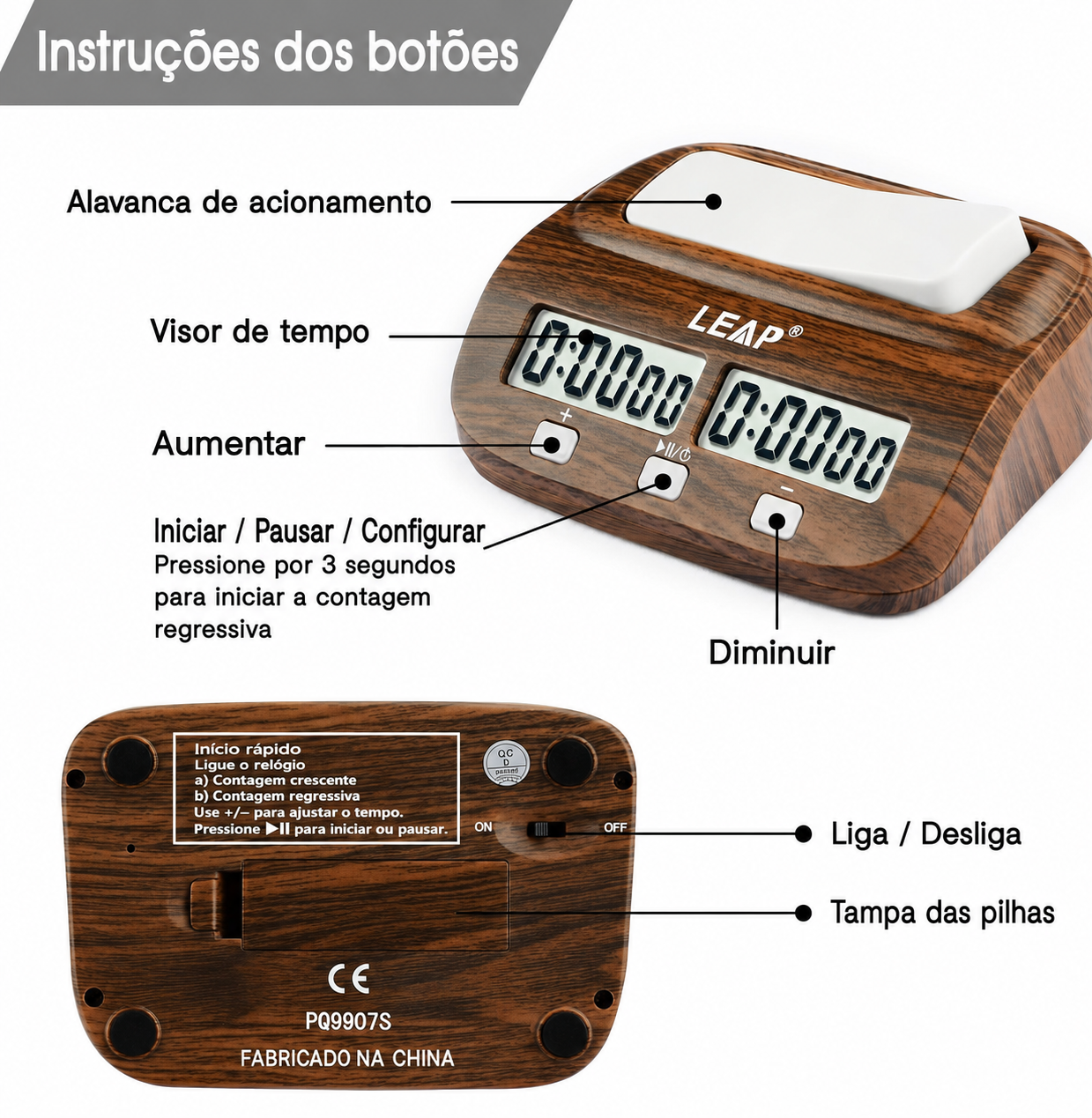 Relógio de Xadrez Digital Madeira Vibrante com Alarme